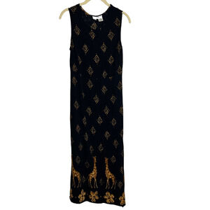 Vintage Betsy Lauren Maxi Dress Size 16P Black Giraffe Jungle Sleeveless Crinkle